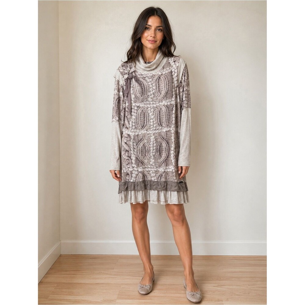 Bai Amour Layered Printed Tunic Dress Cowl Neck Long Sleeve Ruffle Hem NWT